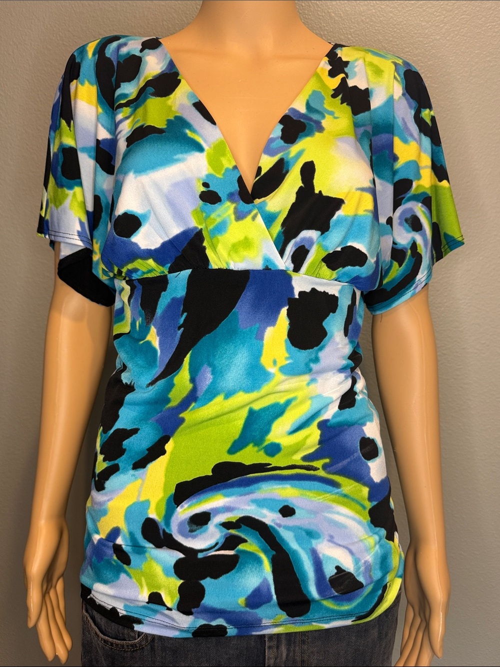 Byer California Abstract Surplice Top in Blue, Green & Black